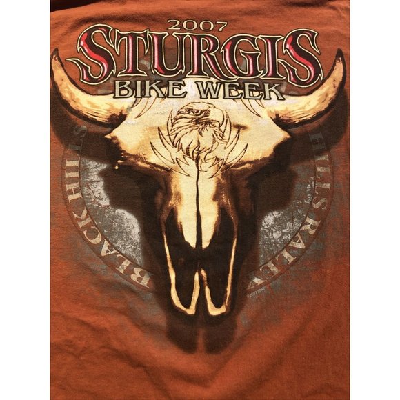 T Shirt Men XL Sturgis Black Hills Biker Rally 2007 Orange Cattle Skull & Eagle - Picture 1 of 12